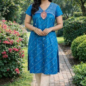 Blue Embroidered Kurti | Indian Tunic Top | Indo Western Ethnic Kurta
